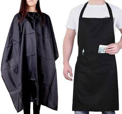 Uniqon (Set Of 2 Pcs) Unisex Nylon Waterproof Machine Washable & Comfortable Halter Neck Bib Apron Extra Long Ties With Pocket And Hairdressing Hair Cutting Sheet For Barbers Salon And Parlour, Kitchen Chefs, Waiters, Restaurants Cafe And Professional Use Home Apron Cape Makeup Apron