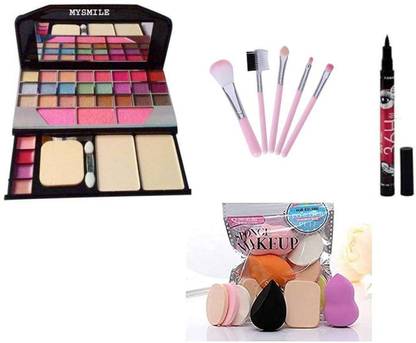 ECILAK Pink Makeup Brushes Set, 6 Sponges Pack and 1 36H Waterproof Liquid Eyeliner