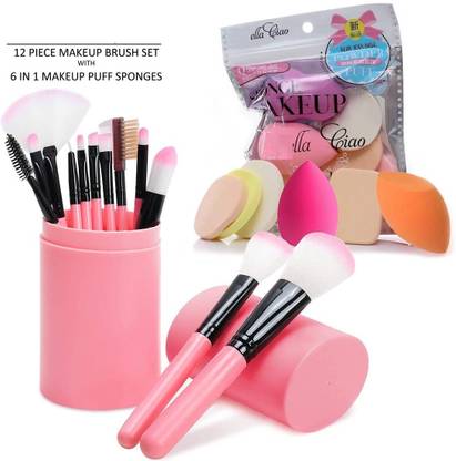 FRIPPE 12 Piece Makeup Brush Set With Box + Soft 6 in 1 Makeup Sponge Pack
