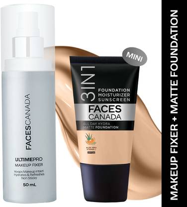 FACES CANADA Makeup Fixer (50ml) + Medium Natural Hydra Matte Mini Foundation (18ml)