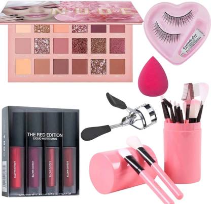 ECILAK Nude Eye Shadow Palette, Puff, 4in1 Lipstick, 12Pcs Brush set, eyelash, 1 Curler