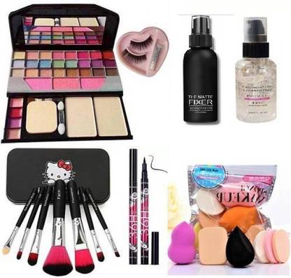 BR Belle Rosa MAKEUP COMBO SET OF 7 , Fashion Makeup Kit + 6 pcs puff sponge + brushes + Face Primer + Makeup Fixer + Yanqjna Eyeliner + 3D Eyelesh Kit with Glue