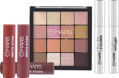 MARS 16 Shade Eyeshadow+4 Shade Matte Lipstick+Smudge Proof Mascara and Eyeliner-08