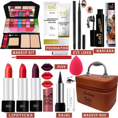 G4U All in One Makeup Kit Gift Set,High Quality Eyeshadow, Waterproof Black Eyeliner Pen,Foundation, 3 Lipsticks,Kajal,Lip Liner,Puff,Mascara, Perfect for Party makeup Casual makeup Wedding makeup With Makeup Box (Set Of 11Pcs) ST 53