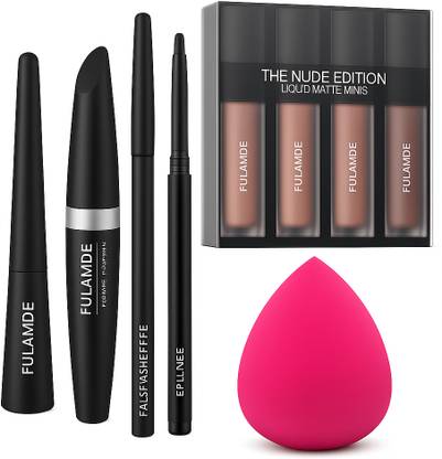 FULAMDE nude lipstick pack of 4 + 3 in 1 combo+makeup blunder/puff