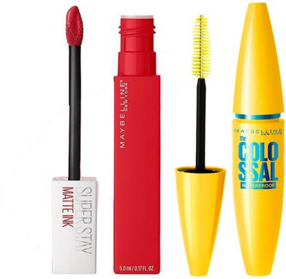 MAYBELLINE NEW YORK Lash & Lip Love Kit-Superstay Matte Ink Liquid Lipstick + Colossal Mascara  (Ambitious, 15 g)