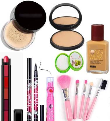 swenky compact foundation loose powder 5in1 lipstick eyeliner lip balm & makeup brush