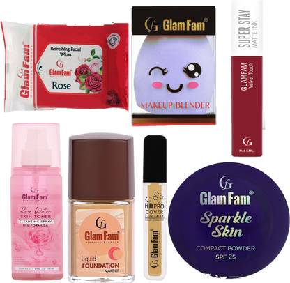 Glam Fam Pack of 7 Face Makeup Kit For Glowing Face Skin With Blender