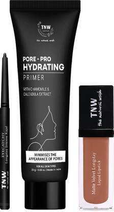 TNW - The Natural Wash Matte Velvet Longstay Liquid Lipstick 06 -Nutty Nude, Kajal &Primer Combo