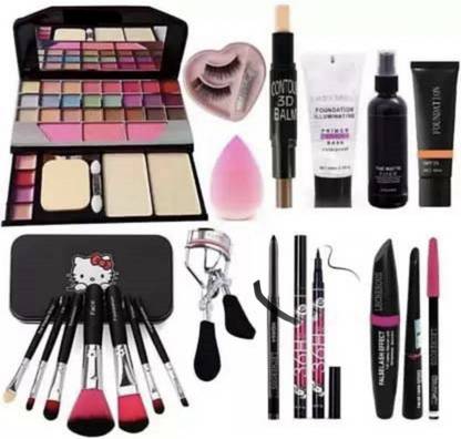 Qul.w makeupkit,brush set,eyelashes,balm,foundation,fixer,primer,curler,blander,kajal