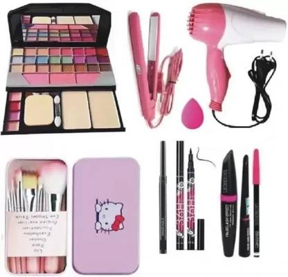 HINSHITSHU MAKEUP KIT,7 BRUSH,DRYER,STRAIGHTENER,PUFF,KAJAL,EYELINER,3IN1