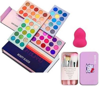 ahdam Eyeshadow Palette & 7 Pcs Makeup Brush with Storage Box & 1 Beauty Blender Puff