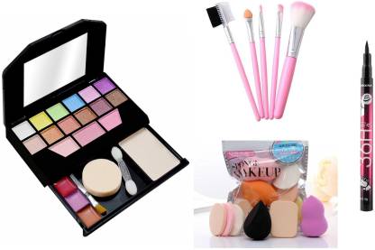 MY TYA Glam Makeup Kit + 5 Piece Brush Set + 6 Piece Makeup Sponges + Eyeliner Black