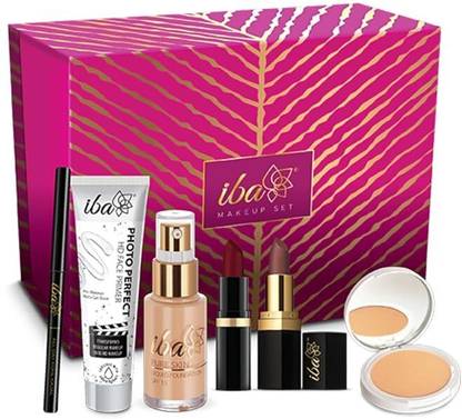 Iba Makeup Gift Set for Women (Dusky) Foundation, Compact, Primer, Lipsticks, Kajal
