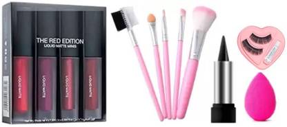 swenky red edition liquid lipstick with kajal eyelash puff & makeup brush
