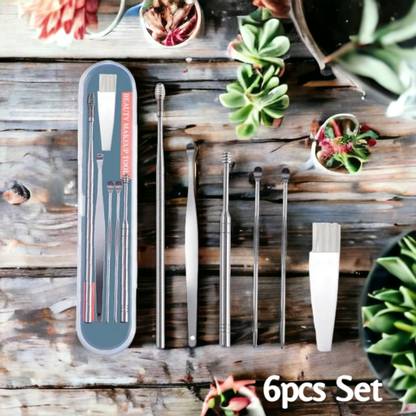 FlyTouch 6Pcs Stainless Steel Ear Pick Double-head Spiral Cleansing Earwax Cleaner Tool