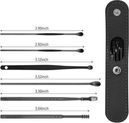 Taxila 6 Pcs Set Steel Ear Wax Removal Ear Cleaning Tools Kit Leather Storage ( Black) Electric Ear Cleaner
