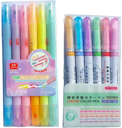 HARDSOSH Highlighter Combo 6 Erasable Highlighter + 6 Linear Curve Highlighters