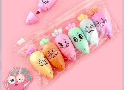 YEF Pack 6 Shades Chisel Fine Tip Cute Carrot Shaped Mini Highlighter Pen