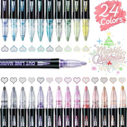 URBAN BOX 24 PCS Metallic Double Line Outline permanent Pen Markers for Art work