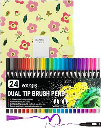 Corslet 24 Pcs Colors Dual Tip Markers Brush Pen 24 Shades 0.4mm Fine With File Folder