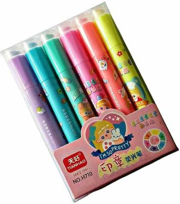 AAHANSHOPPE 2 IN 1 HIGHLIGHTER MARKER PEN WITH STAMP PACK OF 6 PCS MULTICOLOUR