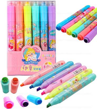 ATHARV VENTUERS Highlighter Chisel Pen,Cute Cartoon With Stamp Art For Kids Pack Of 6