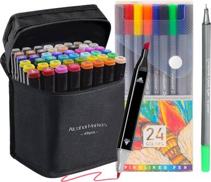 Soucolor Alcohol Coloured Marker Pens Set 48 Pc For Sketch with 24 Pcs Fineliner Pen Set