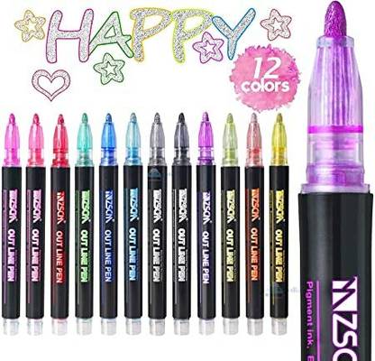 Fly Buy 12 Colors Outline Metallic Markers Pens, Magic Glitter Drawing Pens