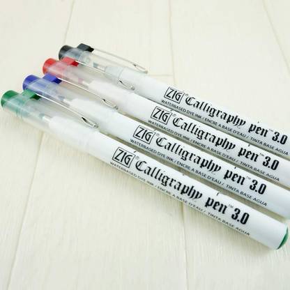 Zig KURETAKE CALLIGRAPHY PEN 3.0 OBLIQUE Tip Black,Red,Blue,Green 4 Color Set
