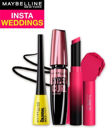 MAYBELLINE NEW YORK Weddings Pack of 3-Ultimatte Lipstick,Colossal Bold Liner,Hypercurl Mascara