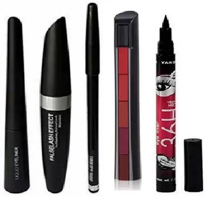 Vagons Combo Waterproof Eyeliner, Mascara, Eyebrow Pencil,Lipstick,eyeliner 4 ml
