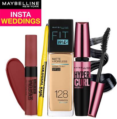 MAYBELLINE NEW YORK InstaWeddings-FitMe Fdn128+Hypercurl Mascara+Colossal Kajal+SLM MadeEasy(46.5ml)