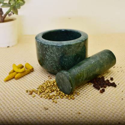 Kunhar Natural Green Marble Mortar and Pestle Set, Ceramic Masher