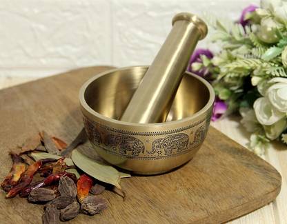 Puri Elephant Marathon Brass Mortar Pestle/Okhli - Ancient Style - Brushed Finish Brass Masher
