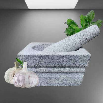 EZHAK Square Stone Mortar and Pestle Set, Okhli, Khalbatta, Grinder Mixer for Spices_5 Stoneware Masher