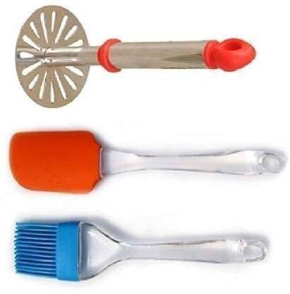 LSARI Silicone Spatula Brush Set Steel Handle Potato Masher Stainless Steel Masher
