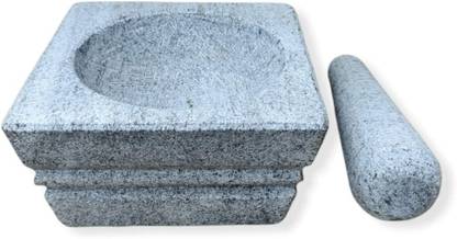 EZAHK Square Stone Mortar and Pestle Set, Okhli, Khalbatta, Grinder Mixer for Spices Stoneware Masher