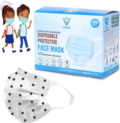 7SHIELD Kids Size Black dot printed Face Mask with Nose clip and soft fabric ear loop Mask 3 ply disposable filter protection breathable dust proof Child\kids size mask Water Resistant, Non-Reusable Surgical Mask