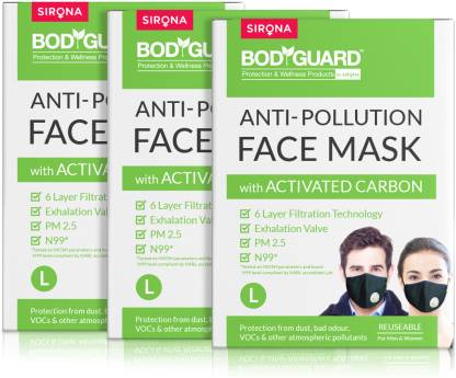 BodyGuard Reusable Anti Pollution Face Mask with Activated Carbon, N99 + PM2.5 for Men and Women - (Large) Pack of-3