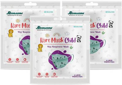 Romsons Kare Mask Child 6-layer N95 Mask with Adjustable Head Loops, Pack of 3 Kare Mask Child, N95 Respirators, with 6 Layer Protection (3 Pieces) Water Resistant