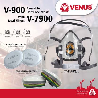 Venus V-900 Half Face Mask+V-7900 ABEK1 Multigas Reusable Filter Catriges ISI certifed Combo Pack Medium Size Half Face Mask with Patented Twist & Click Lock Mechanism Reusable