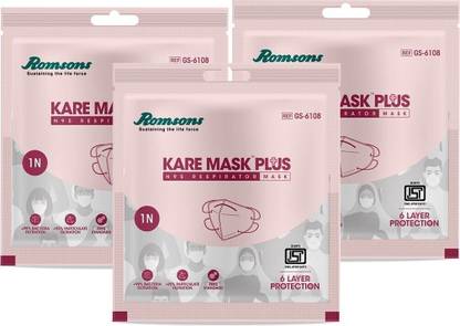 Romsons Kare Mask Plus 6-layer protection reusable N95 Mask with Adjustable Head Loops, Pack of 3 Kare Mask Plus, N95 Respirators, with 6 Layer Protection (3 Pieces) Reusable