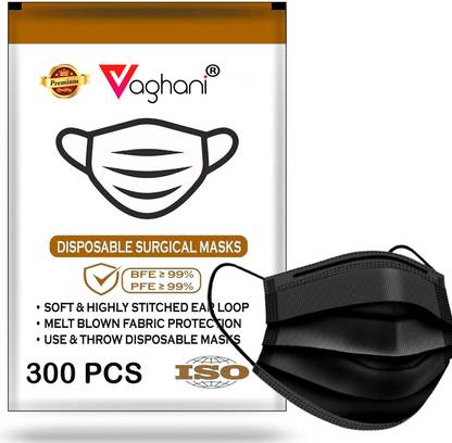 Vaghani 300Pcs Black Polluation Meltblown Mask With Nose Pin 3 Ply Polluation Mask 300 Pcs ( Black )( 75 Gsm )( Export Quality)) Surgical Mask With Melt Blown Fabric Layer