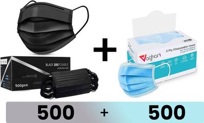Vaghani 1000Pcs With Pin Black and Blur 3 Ply Pharmaceutical Surgical Mask with 3 Layer 3 Ply Surgical Mask (1000 Pcs ( Black +Blue)) Surgical Mask With Melt Blown Fabric Layer