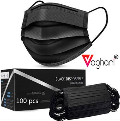 Vaghani 100Pcs Black Polluation Pharmaticul Mask With Nose Pin 3 Ply Polluation Pharmaticul Mask 100 Pcs ( Black )( 75 Gsm )(Quality)) Surgical Mask With Melt Blown Fabric Layer