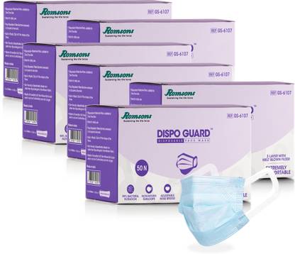 Romsons Dispo Guard 3 Ply Mask Dispo Guard 3 Ply Mask With Softest Ear Loops, 50 Pcs/Pack, (Pack Of 6) 300 Pcs Surgical Mask