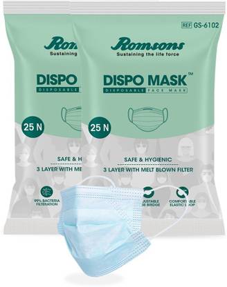 Romsons Dispo Mask 3 Ply Mask With Elastic Ear Loops, 25 pcs/Pack, (Pack of 2), 50 Pcs Dispo Mask 3 Ply Mask With Elastic Ear Loops Surgical Mask With Melt Blown Fabric Layer