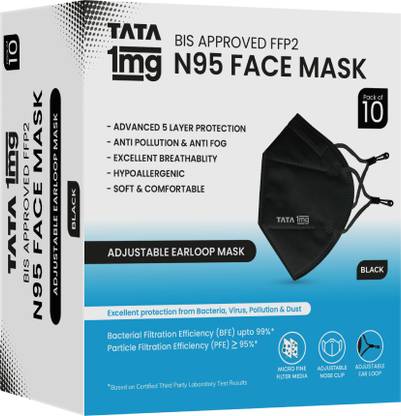 TATA 1mg BIS Approved FFP2 N95 Mask Black with Adjustable Ear Loop Reusable