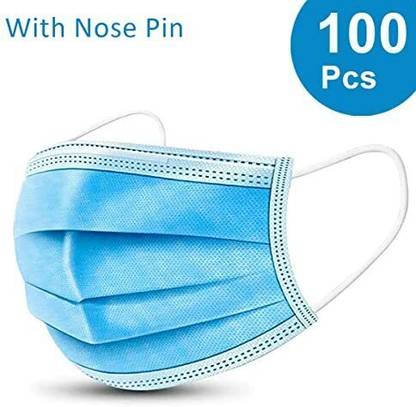 MR GLOVE Blue Mask With Nose Pin Disposable 3 Ply Pharmaceutical Breathable Surgical 100 Pcs Disposable / Use and Throw Soft loop Surgical Mask Non-Reusable Surgical Mask